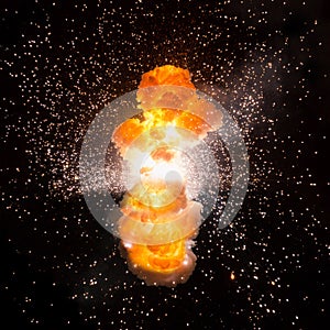 Realistic bomb explosion busting over a black background photo