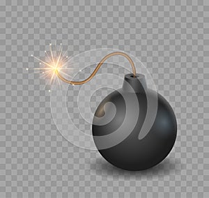 Realistic bomb sphere. Black containers with dynamite and burning wick. Battle equipment for destroy