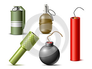 Realistic bombs. Different explosives types, hand grenades with check, dynamite, round classic bomb with fuse, mass