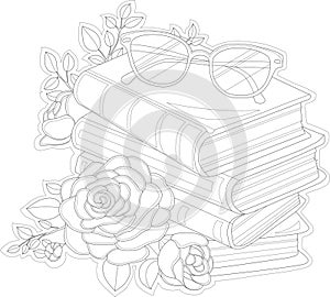Realistic books with glasses and rose flowers graphic sketch template