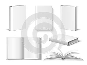 Realistic books mockup. White blank opened and closed book with hardcover, different angles, top and front view, empty