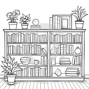 Realistic Bookshelf Coloring Page With Books And Plants