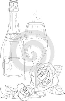 Realistic bottle of champagne and glass with rose flowers sketch template. Graphic cartoon vector illustration in black and white