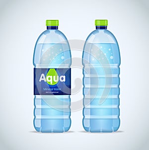Realistic bottle with clean blue water on the white background. Vector mockup. Front view.