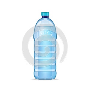 Realistic bottle with clean blue water on the white background. Vector mockup. Front view.