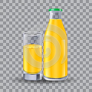 Realistic bottle and glass for milk, juice. Isolated on transparent grid, for design and branding. Transparent glass for every bac