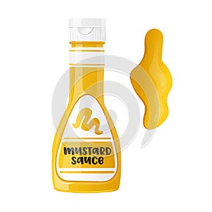 Realistic Bottle with Mustard Sauce, Yellow Tube with Label. Spicy Dressing, Condiment for Fast Food with Spilled Strip