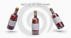 Realistic bottle of red wine in different positions. Corked alcoholic drink