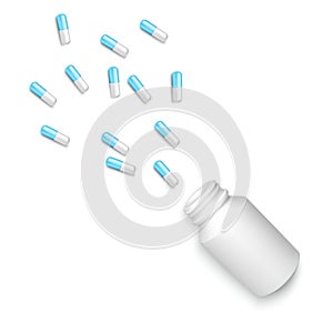 Realistic bottle with scattered tablets. White and blue drug capsules isolated on white background. Healthcare and medicine object