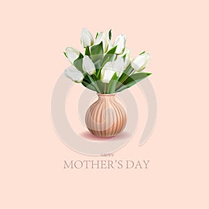 REALISTIC BOUQUET OF TULIPS. banner for mothers day.White tulips on pink background.yu Happy mothers day greeting card. An elegant