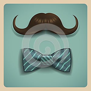 Realistic bow tie and brown mustache on retro background.