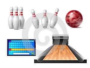 Realistic bowling elements. Challenge sport game equipment, standing and falling skittles, ball and bowling alley
