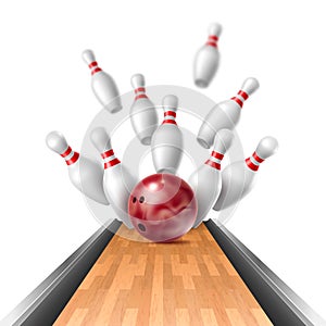 Realistic bowling strike. Hitting ball on pins moment, flying 3d isolated on white background element, wooden alley