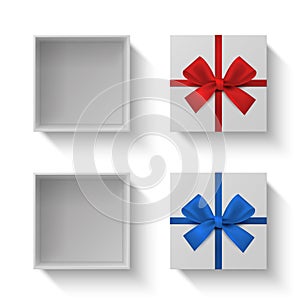 Realistic box with bow top view. Empty open gift box. Red and blue color bow knot. Vector illustration photo