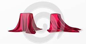 Realistic box covered with red silk cloth. Isolated on white background. Satin fabric wave texture material. Textile