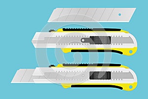 Realistic Boxcutter tool. Office paper knife and blade. Stationery instrument for paper cutting. Vector illustration.