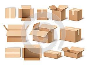 Realistic boxes. 3d cardboard opened and closed packaging template, shipping containers, post delivery, empty paper