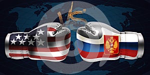 Realistic boxing gloves with prints of the USA and Russian flags