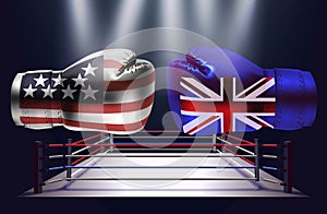 Realistic boxing gloves with prints of the USA and United Kingdom flags facing each other on abstract world map background
