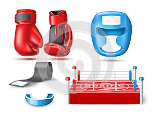 Realistic boxing sports accessories. Fighting sport elements, 3d isolated objects, gloves, helmet, mouth guard and ring, uniform