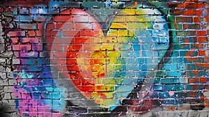 Realistic brick wall covered in vibrant heart graffiti, rainbow spray paint street art concept photo