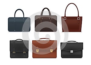 Realistic briefcase collection vector illustration. Stylish business accessories for paper documents