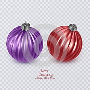 Realistic, bright Christmas balls of purple and red colors on transparent background. Vector illustration