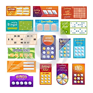 Realistic bright lottery ticket set. Gambling lucky bingo card to win chance lotto game jackpot