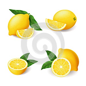 Realistic bright yellow lemon with green leaf whole and sliced set