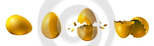 Realistic broken and exploded easter golden chicken eggs. Surprise egg gift with gold eggshell. Luxury, money and