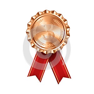 Realistic bronze award medal with red ribbons engraved number three. Premium badge for winners and achievements
