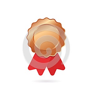 Realistic Bronze Circle Medal with Red Ribbon on White Background. Champion Bronze Round Trophy for Third Place of