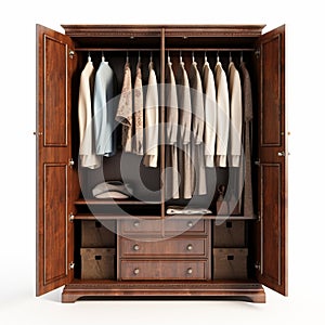 Realistic Brown Armoire With Shoes And Bins - High Quality Wardrobe