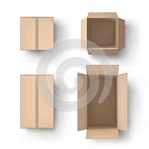 Realistic brown box. Open and close parcel, cardboard packaging and delivery boxes top view 3D mockup vector set