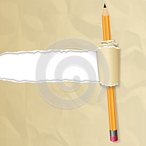 Realistic brown crumpled paper with rolled edge and yellow pencil on transparent background