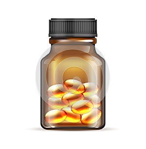 Realistic brown glass bottle with fish oil, omega 3 vitamin capsules isolated on white background