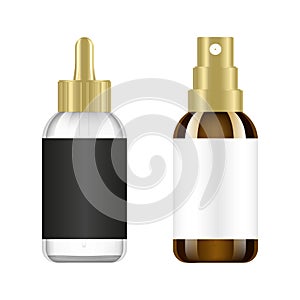 Realistic brown and white bottle with golden lid. Mock up of cosmetic spray jar. Cosmetic vial, flask, perfume flacon