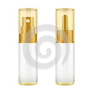 Realistic brown and white bottle with golden lid. Mock up of cosmetic spray jar. Cosmetic vial, flask, perfume flacon