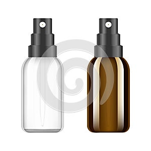 Realistic brown and white bottle. Mock up of cosmetic spray jar. Cosmetic vial, flask, perfume flacon. Medical bottle