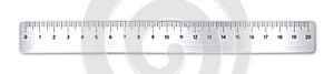 Realistic brushed metal ruler with measurement scale and divisions, measure marks. School ruler, centimeter scale for
