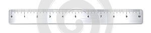 Realistic brushed metal ruler with measurement scale and divisions, measure marks. School ruler, inch scale for length