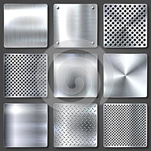 Realistic brushed metal textures set. Polished stainless steel background. Vector illustration.