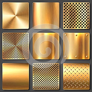 Realistic brushed metal textures set. Polished stainless steel background. Vector illustration.