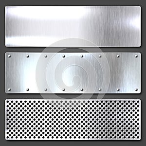 Realistic brushed metal textures set. Polished stainless steel background. Vector illustration.