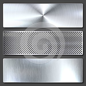 Realistic brushed metal textures set. Polished stainless steel background. Vector illustration.