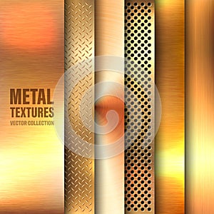 Realistic brushed metal textures set. Polished stainless steel background. Vector illustration.