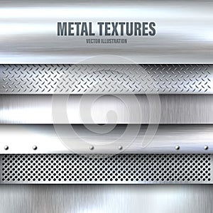 Realistic brushed metal textures set. Polished stainless steel background. Vector illustration.
