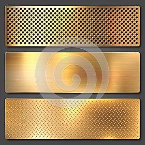 Realistic brushed metal textures set. Polished stainless steel background. Vector illustration.