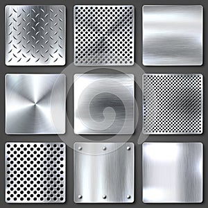 Realistic brushed metal textures set. Polished stainless steel background. Vector illustration.