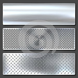 Realistic brushed metal textures set. Polished stainless steel background. Vector illustration.